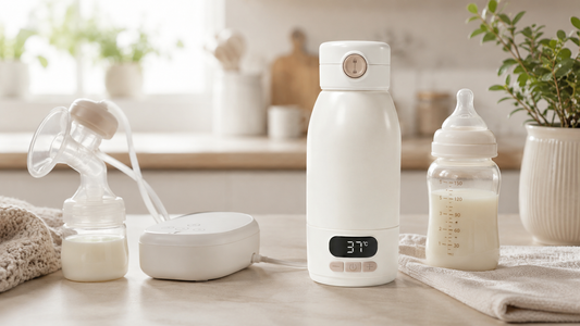 Chauffe-biberon nomade LAYNOA réchauffant du lait maternel, à côté d'un tire-lait et d'un biberon